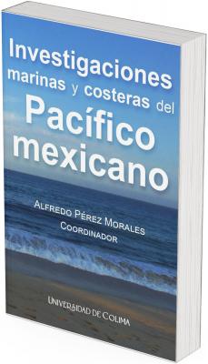 La portada es una fotografía de una playa del Pacífico mexicano. La escena muestra, en primer plano, una franja de arena mojada y oscura, sobre la que rompen pequeñas olas blancas. Justo detrás, el mar se extiende en tonalidades de azul profundo, con una superficie ligeramente agitada.  El cielo ocupa la mitad superior del diseño. Es un cielo despejado, de color azul intenso que se aclara hacia el horizonte. No hay nubes visibles.  El texto está distribuido en el centro de la imagen, en letras blancas y claras, lo que contrasta fuertemente con el fondo azul marino y celeste. El título está escrito en distintas jerarquías tipográficas, siendo “Pacífico mexicano” la frase más destacada.