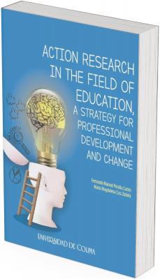 La portada presenta un fondo azul sólido, transmitiendo claridad y seriedad académica. En el centro inferior aparece una cabeza humana estilizada, de color blanco pálido, cortada por la mitad en sentido horizontal: la parte superior está abierta como una tapa. En lugar del cerebro, una bombilla se eleva desde el interior de la cabeza, simbolizando la luz del pensamiento y la innovación. Dentro de la bombilla hay un cerebro dibujado con detalle anatómico, reforzando la asociación con el conocimiento y la mente activa.  Junto a la cabeza, se observa una escalera de madera apoyada en el borde del cráneo, lo que sugiere el ascenso hacia el conocimiento, la exploración interna o la superación intelectual. Detrás y alrededor de la bombilla aparecen íconos relacionados con investigación científica: una lupa, engranajes, piezas de rompecabezas y un gráfico de barras.  El título del libro está ubicado en la parte derecha, en letras blancas mayúsculas y con una tipografía moderna y clara. Los nombres de los autores están alineados a la derecha en color verde limón. Al pie de la portada aparece el nombre de la Universidad de Colima en letras blancas.