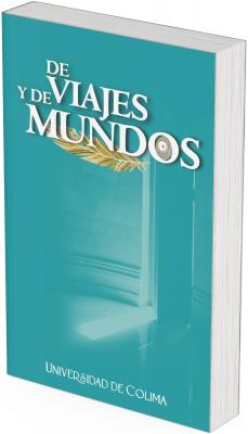 La portada es de un tono turquesa uniforme que da una sensación de amplitud y tranquilidad. En la parte inferior derecha se percibe una escena arquitectónica interior suavemente desvanecida, donde una luz blanca entra por una puerta entreabierta proyectando una línea alargada sobre el piso. La escena está difusa, evocando introspección o ensoñación.  Sobre el título, que aparece centrado en letras mayúsculas blancas, hay una pluma dorada que atraviesa la palabra “MUNDOS”, y dentro de la letra “O” se inserta una pequeña ilustración de una brújula, como símbolo del viaje.