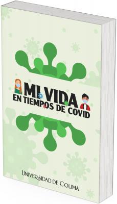 La portada tiene un fondo en tono crema con ilustraciones en verde de formas similares al virus SARS-CoV-2, repetidas en distintos tamaños. Dominando la parte superior e inferior aparece una gran figura central en verde intenso con ramificaciones redondeadas, que refuerza la presencia visual del virus.  El título está escrito en letras negras grandes con palabras resaltadas en colores: algunas letras están sustituidas o acompañadas por representaciones del virus en colores azul, verde y rojo. Al lado izquierdo del título aparece una figura de una niña con cubrebocas, y al lado derecho, un niño también con cubrebocas, ambos con estilo de caricatura.