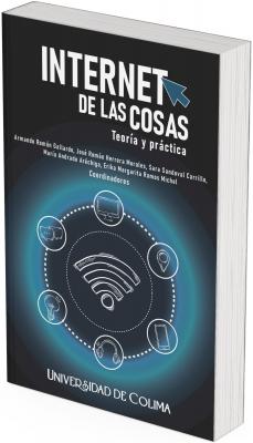 La portada presenta un fondo oscuro (negro) con un diseño central luminoso en tonos azules y cian que simula ondas concéntricas. En el centro, una figura blanca representa el símbolo universal del Wi-Fi. A su alrededor, una circunferencia compuesta por líneas punteadas contiene varios íconos esquemáticos en estilo de dibujo a mano alzada, todos en blanco:  Un monitor de computadora  Un marcador de ubicación  Un teléfono móvil  Unos audífonos  Un foco (símbolo de idea o energía)  Un par de burbujas de diálogo (representando comunicación)  En la parte superior, el título aparece en letras grandes y blancas. La palabra "INTERNET" resalta especialmente en mayúsculas y está acompañada por un cursor azul en forma de flecha apuntando hacia ella, evocando la interacción digital. El subtítulo "Teoría y práctica" está en menor tamaño justo debajo.  Al pie de la portada se encuentra el logotipo de la Universidad de Colima, también en blanco.
