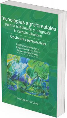 La portada tiene un diseño predominantemente verde, con tonos que evocan la vegetación, el follaje y la vida natural. El fondo está decorado con formas orgánicas y abstractas que simulan hojas, árboles o paisajes, creando una textura visual rica y armónica.  Al centro se encuentra un cuadro artístico con una pintura en acuarela, de estilo abstracto y expresivo. En él se representan elementos naturales como:  Un gran árbol verde, delineado con líneas curvas y suaves.  Nubes celestes, que se integran con el cielo azul.  Formas que simulan montañas, campos y hojas, en colores vibrantes como verdes, azules, amarillos y morados.  La técnica empleada sugiere movimiento, fluidez y equilibrio entre elementos naturales.  El título del libro está colocado en la parte superior en letras blancas, destacando las palabras claves como “Tecnologías agroforestales” y “Opciones y perspectivas” en tamaño más grande. La palabra “Opciones y perspectivas” está resaltada en negritas, lo que subraya el enfoque propositivo del texto.  Abajo del título están los nombres de los tres coordinadores editoriales, también en blanco. En la parte inferior, aparece el logotipo tipográfico de la Universidad de Colima en letras blancas.