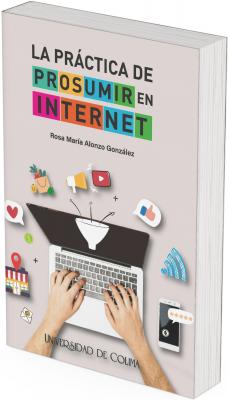 La ilustración principal está centrada en la parte inferior y muestra una computadora portátil abierta vista desde arriba. Sobre el teclado, se observan dos manos masculinas escribiendo, lo que sugiere actividad digital o creación de contenido.  Desde la pantalla de la laptop emerge una figura de embudo blanco, con flechas que indican la entrada de múltiples elementos que luego se canalizan hacia el interior de la computadora. Esta figura representa gráficamente el proceso de prosumo (mezcla entre consumir y producir contenido digital).  Alrededor del embudo y la laptop flotan íconos representativos de la vida en internet, tales como:  Un megáfono y un ícono de YouTube, representando creación de contenido.  Un corazón y un pulgar arriba, representando interacciones en redes sociales.  Un símbolo de localización y una tienda, sugiriendo comercio electrónico o servicios digitales.  Un símbolo de dinero, una señal de Wi-Fi, un teléfono móvil con burbuja de calificación de estrellas, un carrito de compra y un sobre de correo electrónico.