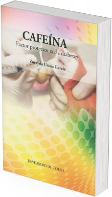 Portada con escena de laboratorio y jeringa aplicada a un animal, con fondo de patrones circulares, relacionada con investigación sobre cafeína y diabetes.
