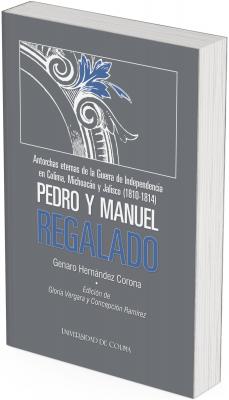 Portada del libro “Pedro y Manuel Regalado” con fondo gris azulado, un ornamento clásico estilizado y el título destacado en color azul.