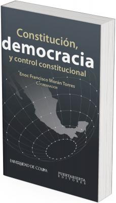 Portada del libro “Constitución, democracia y control constitucional” con fondo oscuro, una red de nodos que forma una esfera y el mapa de México al centro.