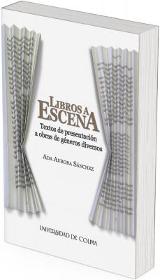 Portada del libro “Libros a escena” con páginas de libro dobladas que evocan cortinas de teatro alrededor del título.
