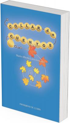 Portada azul con un collar de cuentas doradas que forman el título “Collar de cuentos” y hojas otoñales en espiral en la parte inferior.