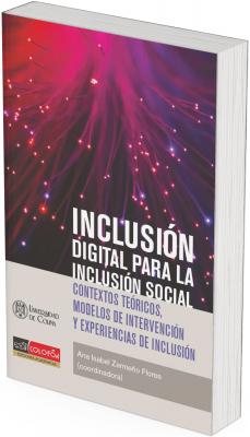 Portada del libro “Inclusión digital para la inclusión social” con fondo de fibras ópticas iluminadas que simbolizan conectividad digital.