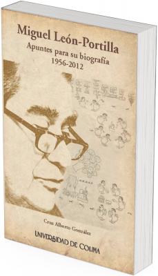 La portada del libro “Miguel León-Portilla. Apuntes para su biografía, 1956–2012” presenta un diseño de carácter histórico y humanístico. Predomina una paleta de tonos sepia y beige envejecido, que remite visualmente a documentos antiguos y al pasado cultural e intelectual de México.  En el centro de la composición se aprecia un retrato ilustrado de Miguel León-Portilla, representado de perfil, con lentes, mediante un trazo gráfico que combina dibujo y textura fotográfica. El rostro ocupa gran parte de la portada y transmite una expresión reflexiva, asociada a su figura como pensador, historiador y defensor de la cultura náhuatl.  A la derecha del retrato se integran ilustraciones inspiradas en códices prehispánicos, con figuras humanas, glifos y escenas simbólicas, que aluden directamente al estudio del mundo indígena mesoamericano, eje central de la obra intelectual de León-Portilla. Estos elementos refuerzan el vínculo entre el autor biografiado y las culturas originarias de México.  En la parte superior se lee el título del libro, seguido del subtítulo “Apuntes para su biografía, 1956–2012”, mientras que en la parte inferior aparece el nombre del autor Cruz Alberto González. Al final de la portada se muestra el sello editorial Universidad de Colima, que identifica la procedencia académica de la publicación.  En conjunto, la portada comunica un enfoque biográfico, académico y cultural, subrayando la relevancia histórica y humanista de Miguel León-Portilla en el estudio y difusión del pensamiento indígena mesoamericano.