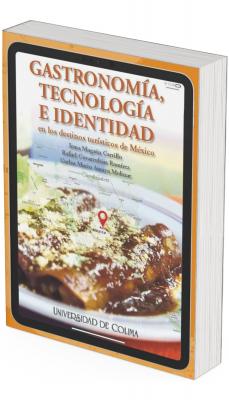 La portada presenta el título “Gastronomía, tecnología e identidad en los destinos turísticos de México”, dispuesto en tipografía serif de color naranja y café, sobre un fondo claro con tonalidades cálidas. Debajo del título aparecen los nombres de las personas coordinadoras: Irma Magali Carrillo, Rafael Covarrubias Ramírez y Carlos Mario Amaya Molina.  El diseño simula la pantalla de una tableta digital, lo que remite visualmente a la relación entre gastronomía y tecnología. En el centro destaca una fotografía de un platillo tradicional mexicano servido en un plato blanco, cubierto con una salsa oscura y espesa, que sugiere riqueza culinaria y herencia cultural.  Sobre la imagen del platillo se superpone un mapa de la República Mexicana, en tonos claros, con un marcador rojo ubicado en el centro del país, simbolizando a México como eje de análisis gastronómico y turístico. Esta superposición refuerza la idea de la gastronomía como elemento identitario ligado al territorio y a los destinos turísticos.  En la parte inferior se encuentra el nombre institucional Universidad de Colima, que identifica la procedencia académica de la obra. En conjunto, la portada comunica la articulación entre tradición culinaria, identidad cultural y el uso de tecnologías en el estudio del turismo en México.
