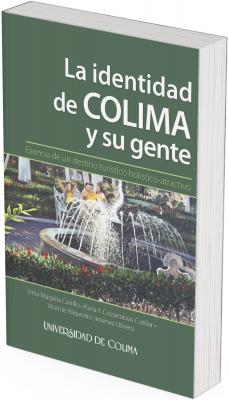 La imagen ocupa la parte inferior de la portada y muestra una escena pintoresca de un jardín o plaza pública en Colima. Al centro se encuentra una fuente circular en funcionamiento, con chorros de agua brotando hacia arriba y hacia afuera. La fuente está rodeada por arbustos bajos con flores rojas y vegetación verde.  Detrás de la fuente, sobre una banca blanca, se observa a tres personas conversando relajadamente. Al fondo hay árboles altos, caminos empedrados y flores que adornan el entorno. A la derecha, se ve una figura femenina con un sombrero amplio, aparentemente descansando junto a la fuente.  La imagen transmite tranquilidad, convivencia social y naturaleza, evocando la calidez y hospitalidad del estado de Colima.