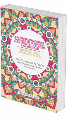 La portada presenta un diseño gráfico simétrico tipo mandala que ocupa toda la superficie, compuesto por figuras geométricas y ornamentales en tonos vibrantes de rosa, turquesa, amarillo y beige. En el centro se ubica un círculo blanco que contiene el título “Las representaciones sociales en el estudio de la lengua, la cultura y la sociedad”, seguido del subtítulo “Aproximaciones teóricas, metodológicas y aplicadas”. Debajo se leen los nombres de los coordinadores, Aideé Consuelo Arellano Ceballos y Alan Emmanuel Pérez Barajas. En la parte inferior de la portada aparece el sello editorial de la Universidad de Colima. El diseño sugiere diversidad, interconexión cultural y pluralidad social.