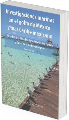 Portada del libro “Investigaciones marinas en el golfo de México y mar Caribe mexicano”. La imagen muestra un muelle de madera que se extiende sobre aguas cristalinas de color turquesa; varias gaviotas están posadas sobre el muelle y otras vuelan sobre el mar. Al fondo se observan embarcaciones y construcciones costeras bajo un cielo despejado. En la parte superior aparece el título y, al centro, los nombres de los coordinadores. En la parte inferior se lee Universidad de Colima.