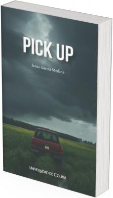 La imagen de la portada es sobria, atmosférica y cargada de simbolismo. Domina una paleta de colores oscuros, con nubes densas, tonos verdes apagados y una notable sensación de humedad, soledad y misterio.  Elementos principales:  Vehículo: En el centro de la imagen, hay una camioneta tipo pick-up roja, vista desde la parte trasera. Está estacionada en un campo cubierto de pasto verde intenso, lo que contrasta con el cielo tormentoso que cubre la escena. Personas: En la cabina de la camioneta se distinguen dos siluetas humanas. Por la distancia y la iluminación, no se aprecian sus rostros ni sus detalles, pero se sugiere que están sentados juntos, posiblemente observando la tormenta.  Cielo y ambiente: El cielo está cubierto de nubes gruesas y oscuras, indicando que está por llover, o que ya llueve. La luz es tenue, con un ambiente melancólico y contemplativo.  Tipografía del título: La palabra PICK UP está escrita en mayúsculas blancas y gruesas, centrada en la parte superior. Debajo, en letras pequeñas y claras, está el nombre del autor. Al fondo, cerca del borde inferior, aparece el logo de la Universidad de Colima.