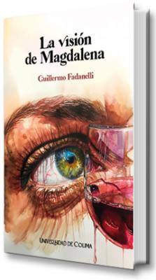 La portada está compuesta por una impactante ilustración de estilo realista y expresivo, que evoca emociones intensas y simbolismo profundo.  Elemento principal: un ojo humano El protagonista visual es un ojo humano muy expresivo, en primer plano, que ocupa casi todo el lado izquierdo de la portada. El ojo está entreabierto, de pestañas largas y húmedas, con una mirada fija e introspectiva. El iris es multicolor, en tonos de verde, azul y amarillo, lo que le da un efecto hipnótico y de revelación. Alrededor del ojo, la piel aparece rojiza y ligeramente desgarrada, con líneas visibles, como si la persona hubiera llorado o estuviera emocionalmente agotada.  Elemento simbólico: copa de vino Superpuesta parcialmente sobre el ojo, en el lado derecho de la imagen, se encuentra una copa de vino tinto, en vista lateral. El vino parece tintar y distorsionar parte de la imagen, como si la visión estuviera mediada por el alcohol o por emociones intensas. El cristal refleja el ojo, generando un efecto de doble percepción o visión alterada. Estilo artístico La ilustración combina trazos de acuarela con tinta, lo que permite detalles minuciosos y al mismo tiempo manchas que aluden a emociones intensas o a una percepción distorsionada. Los colores dominantes son rojizos, vinos, amarillos y tonos piel, lo que refuerza el simbolismo de la pasión, el sufrimiento y la introspección. Tipografía El título La visión de Magdalena aparece en la parte superior con letras negras clásicas, sobrias.Justo debajo, en rojo, se encuentra el nombre del autor, Guillermo Fadanelli, en una fuente ligeramente más pequeña. Abajo, al centro, está el logo de la Universidad de Colima en blanco.