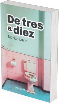 Descripción visual de la portada La imagen que acompaña al título es visualmente fuerte, provocadora y cargada de simbolismo, lo cual puede ser clave para entender el tono y temática del libro. Escena principal: baño público antiguo La imagen muestra un baño pequeño y antiguo, capturado desde el ángulo de una esquina, con enfoque directo a un inodoro blanco. Las paredes están revestidas de azulejos rosa pastel en la parte inferior, y pintadas de un verde menta claro en la parte superior, ambas zonas con manchas de humedad, óxido o suciedad visibles. El piso es de color azul deslavado, también deteriorado. A un costado del inodoro se ve un portarrollos de papel higiénico, sin rollo, lo que refuerza la sensación de descuidado o abandono. El espacio está vacío, frío y visiblemente deteriorado. Tipografía y diseño del título El título está escrito en mayúsculas grandes, con una tipografía en negrita moderna. “De tres” aparece en negro con fondo blanco. “a diez” está invertido: letras blancas con fondo negro, lo que crea un contraste y divide visualmente la frase. El nombre de la autora, Mónica Lavín, aparece justo debajo del título, en letras más pequeñas y sobrias. Al fondo, centrado en la parte inferior de la imagen, se encuentra el logotipo de la Universidad de Colima.