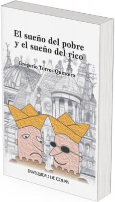 La portada combina ilustración y arquitectura para reflejar el contraste que propone el título. Dos personajes en primer plano: Aparecen dos figuras humanas caricaturizadas, hechas con un estilo de dibujo simple pero expresivo. Ambos llevan coronas amarillas hechas con papel doblado, como las que se hacen jugando con hojas de cuaderno. Esto sugiere una ilusión de poder o realeza imaginaria, accesible tanto al pobre como al rico. El personaje de la izquierda: Tiene tez rosada. Su expresión es más sencilla, los ojos están abiertos, con una mirada tranquila o ingenua. El personaje de la derecha: Tiene piel más clara. Lleva lentes oscuros, lo que puede aludir a una barrera emocional, al poder, al dinero, o al deseo de esconder su mirada. Ambos están al mismo nivel y de un tamaño similar, lo que refuerza la idea de que ambos sueñan por igual, pero quizá sus contextos y aspiraciones sean distintos. Fondo arquitectónico: En la parte trasera se observa un dibujo detallado, tipo boceto, de una ciudad monumental: cúpulas, columnas, arcos y grandes edificios al estilo europeo clásico. Este fondo está en tonos grises, sin color, lo cual contrasta con las figuras del frente que tienen tonalidades cálidas y llamativas. Esta diferencia de colores puede sugerir que el mundo que sueñan ambos personajes es similar en forma (la ciudad, la grandeza, la ambición), pero aún es inalcanzable o “de papel”, como sus coronas.