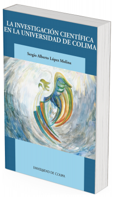 La portada está dividida en tres secciones principales, cada una con un fondo de color azul en diferentes tonos. Parte superior: Fondo azul marino sólido, En letras blancas y mayúsculas se lee el título principal: “LA INVESTIGACIÓN CIENTÍFICA EN LA UNIVERSIDAD DE COLIMA” Este encabezado resalta de forma clara y elegante. Centro: Una franja celeste claro contiene el nombre del autor en letras negras: Sergio Alberto López Molina, Justo debajo, domina la imagen central una pintura abstracta en espiral. Esta ilustración parece representar una figura estilizada, casi etérea, de un ave o fénix en movimiento, hecha con pinceladas dinámicas en colores vivos: verdes, naranjas, rojos, azules y dorados. En el centro de la figura se distingue un libro abierto, que parece brillar o emitir luz. El ave envuelve el libro con sus alas, como protegiéndolo o elevándolo. Todo alrededor está rodeado por un torbellino de pinceladas en tonos grises, azules y blancos, que sugieren energía, movimiento y expansión. Parte inferior: Fondo azul celeste, con el nombre de la institución en blanco: UNIVERSIDAD DE COLIMA, en su tipografía distintiva.