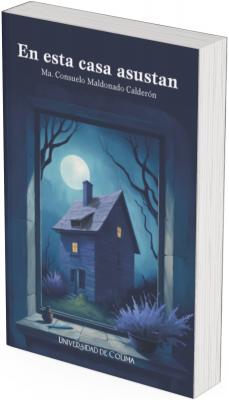 La imagen de la portada recrea una escena inquietante y misteriosa, ambientada claramente en un entorno nocturno. La composición sugiere que el espectador está mirando hacia una casa desde una ventana oscura, como si observara en secreto desde otra habitación o desde las sombras.  En el centro de la imagen aparece una casa antigua, de dos pisos, pintada en tonos azulados, con techo inclinado y ventanas encendidas que revelan una luz tenue desde el interior. La arquitectura evoca la típica casa embrujada de las historias de terror: solitaria, en medio de la nada, y con un aire de abandono o misterio.  El escenario está iluminado por una luna llena muy brillante, que se encuentra justo detrás de la casa. Su luz plateada tiñe el entorno con un tono frío y espectral. Alrededor de la vivienda hay árboles delgados, altos y sin hojas, cuyas ramas desnudas se extienden como dedos retorcidos hacia el cielo nocturno, aumentando la sensación de inquietud.  En primer plano, justo en el marco de la ventana desde donde se observa la escena, hay dos macetas con plantas de lavanda (o similares), con hojas largas y finas de color lila pálido. Estos elementos decorativos contrastan con el ambiente lúgubre y añaden un toque de calma, aunque no disipan la tensión general.  El cielo es de un azul profundo y sin estrellas, dominado únicamente por la luna. La atmósfera es de total silencio y expectación.