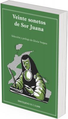 La portada tiene un fondo verde oscuro, con un marco delgado blanco que encierra todos los elementos visuales. En el centro se encuentra una ilustración en blanco y negro, estilo grabado antiguo, que representa a Sor Juana Inés de la Cruz —la reconocida escritora y monja novohispana del siglo XVII. En la imagen: Sor Juana está sentada en posición de escritura. Sostiene una pluma en su mano derecha y tiene un libro abierto frente a ella. Su expresión es serena y concentrada, como si estuviera reflexionando o componiendo versos. Viste su hábito religioso, con su característico escudo en el pecho. Detrás de ella, una cortina clara se eleva diagonalmente, lo que da un efecto de profundidad. Este estilo visual evoca los antiguos retratos barrocos y subraya la atmósfera de contemplación intelectual y espiritual que rodea a la autora.