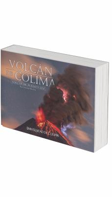 La imagen de la portada es impactante y poderosa. Ocurre de noche, bajo un cielo oscuro salpicado de miles de estrellas, lo que realza el dramatismo de la escena. En el primer plano, el protagonista absoluto es el Volcán de Colima, captado en plena erupción.  Del cráter brota un torrente de lava incandescente que desciende por sus laderas, mientras una nube espesa de humo y ceniza se eleva con fuerza hacia el cielo, formando una columna oscura e imponente. Dentro de la nube, se vislumbran destellos de relámpagos y una misteriosa luz rojiza, lo que da al fenómeno una dimensión casi sobrenatural. La lava brilla en tonos anaranjados y rojos, que contrastan con el fondo estrellado y el humo grisáceo.  El título “VOLCÁN DE COLIMA” aparece en letras grandes y elegantes, en blanco brillante, centrado en la parte superior de la imagen. Justo debajo, en letras más pequeñas y rectangulares, se lee: “Volcán de fuego y luz” y el nombre del autor. En la parte inferior, en blanco, está el nombre de la Universidad de Colima.
