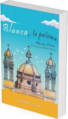 El fondo de la portada es un cielo limpio, de tono azul degradado que se aclara hacia el horizonte. En la parte superior del cielo flotan algunas nubes blancas esponjosas, que le dan un aire sereno, casi infantil o esperanzador, como si el día apenas comenzara.  En el centro de la imagen, destacan tres cúpulas de una iglesia de estilo neoclásico, probablemente una representación ilustrada de la catedral de Colima. La cúpula central, la más grande, está flanqueada por dos torres más altas y delgadas con cruces en lo alto. La fachada muestra detalles arquitectónicos suaves en tonos amarillos, ocres y celestes. En la base de la cúpula principal puede leerse la inscripción “Ave María”.  Entre las cúpulas y el cielo, vuelan varias palomas blancas con las alas abiertas. Estas aves representan simbólicamente la paz, la espiritualidad y, en este caso, al personaje del título: “Blanca, la paloma”. La disposición de las aves crea una atmósfera de libertad y ligereza.
