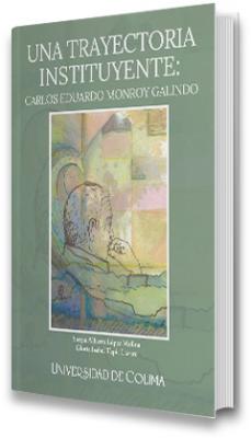 La portada tiene un diseño sobrio, con un fondo en color verde esmeralda tenue. En el centro aparece un recuadro que contiene una ilustración artística de Carlos Eduardo Monroy Galindo, vista de perfil, sentado y en actitud reflexiva, con una mano cerca del rostro, como si estuviera pensando. Descripción de la ilustración central: El retrato del personaje no es una fotografía, sino una composición mixta con trazos de dibujo y manchas de acuarela digital. Los colores predominantes en esta imagen son pasteles y acuosos, como amarillo claro, verde, lila y azul aguamarina. Dentro de la ilustración, detrás del personaje, se aprecian formas geométricas suaves y difusas, que podrían representar ideas, caminos o estructuras. En la parte inferior izquierda se perciben pequeñas siluetas humanas caminando, lo que puede simbolizar el recorrido, el trayecto institucional o la influencia en otras personas.