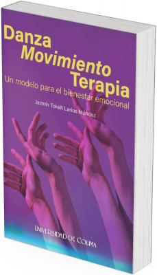 La ilustración central muestra varios brazos humanos alzados, entrelazados y proyectados hacia lo alto. Los brazos están iluminados por luces moradas y rosadas, generando un efecto de profundidad, armonía y movimiento.  Los brazos están capturados en distintas posturas que evocan danza, fluidez y expresión corporal.  Las manos están abiertas, extendidas, con los dedos relajados o ligeramente curvados hacia arriba, como si estuvieran comunicando emociones sin palabras.  Esta imagen simboliza la esencia del libro: el uso del cuerpo y el movimiento como vía terapéutica y expresión emocional.