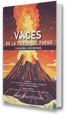 La imagen de la portada es una poderosa representación gráfica de un volcán en erupción, estilizado con colores vibrantes que transmiten energía, calor y dinamismo. La ilustración combina tonos naranjas, rojos, amarillos y negros con una estética de arte digital o ilustración infantil-aventurera. El fondo y los detalles evocan un ambiente mítico y narrativo, ideal para un libro de leyendas.  Elemento central: El volcán en erupción: El volcán ocupa casi toda la imagen, desde la base hasta la cima. Está representado con líneas negras y rojas, simulando los surcos de lava que bajan por sus laderas. De la cima brotan llamas y una gran nube de humo y fuego, que se elevan con fuerza hacia el cielo. Las formas del fuego se vuelven onduladas y redondeadas, como si bailaran o tomaran figuras etéreas. Diseño del título con elementos gráficos: El título "VOCES" está en mayúsculas blancas y centrado en la parte superior. La letra “O” ha sido reemplazada por un ícono de fuego, reforzando la temática de calor, volcán y energía ancestral. Justo debajo, en una franja de color vino, se lee el subtítulo: “Leyendas colimenses”, lo que indica el contenido mítico y cultural del libro.  Ambiente y paleta de colores: El cielo detrás del volcán está pintado con una combinación de tonos cálidos, que van desde el rojo oscuro hasta el amarillo, generando una atmósfera de crepúsculo o cataclismo. En el horizonte, pequeñas montañas y capas de nubes amarillas acentúan la profundidad del paisaje. El color dominante es el naranja incandescente, símbolo del fuego, el mito y la transformación.